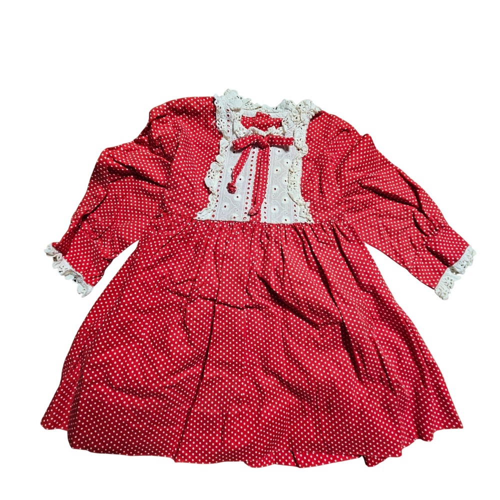 Vintage Youngland Red Polka Dot Eyelet Lace Trim Dress 12M Retro Cottagecore